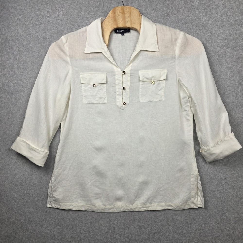 Jones New York Blouse Womens‎ XL White 100% Linen Collared 3/4 Sleeve Popover
